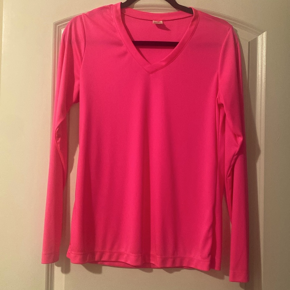 Bright Pink Long Sleeve V-Neck Moisture Wicking Shirt